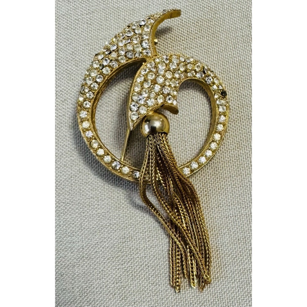 Vintage Benedikt NYC Gold Rhinestone Tassel Crescent Moon Statement Brooch Pin